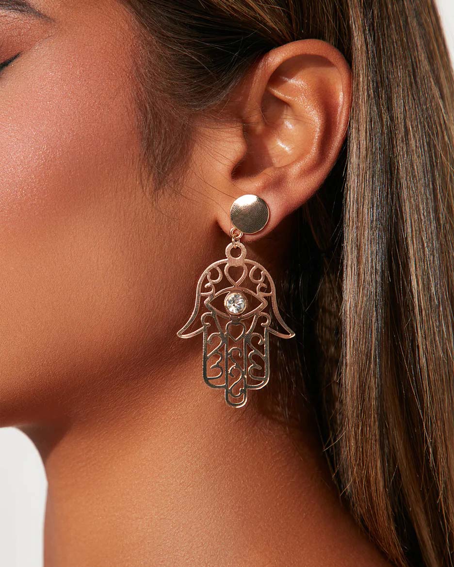 Gold Rhinestone Hamsa Earrings