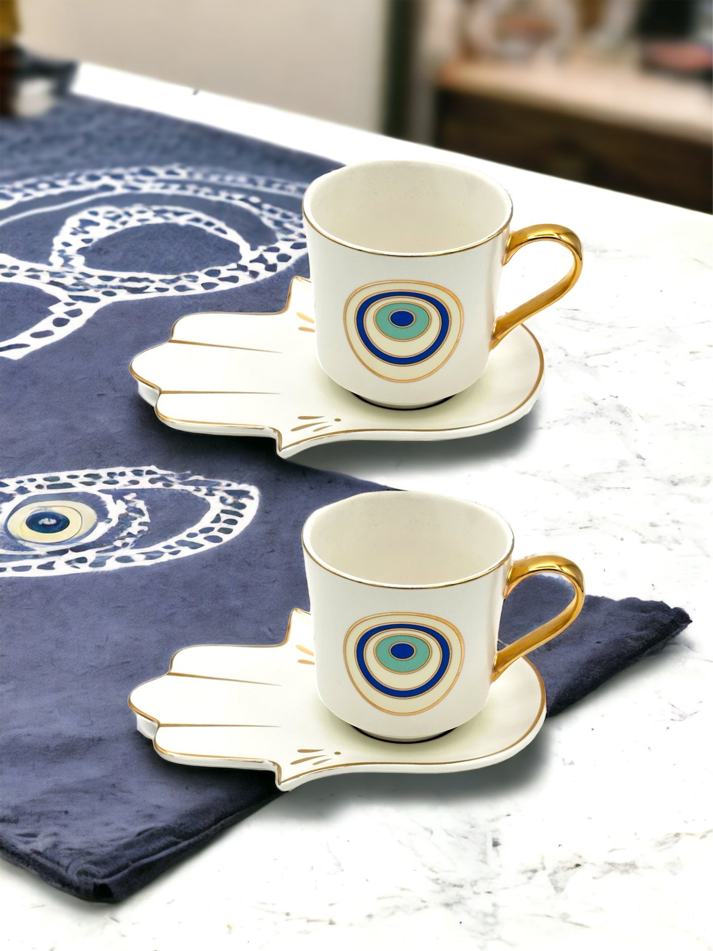 Turkish Evil Eye Cup with Saucer 1 set in white color