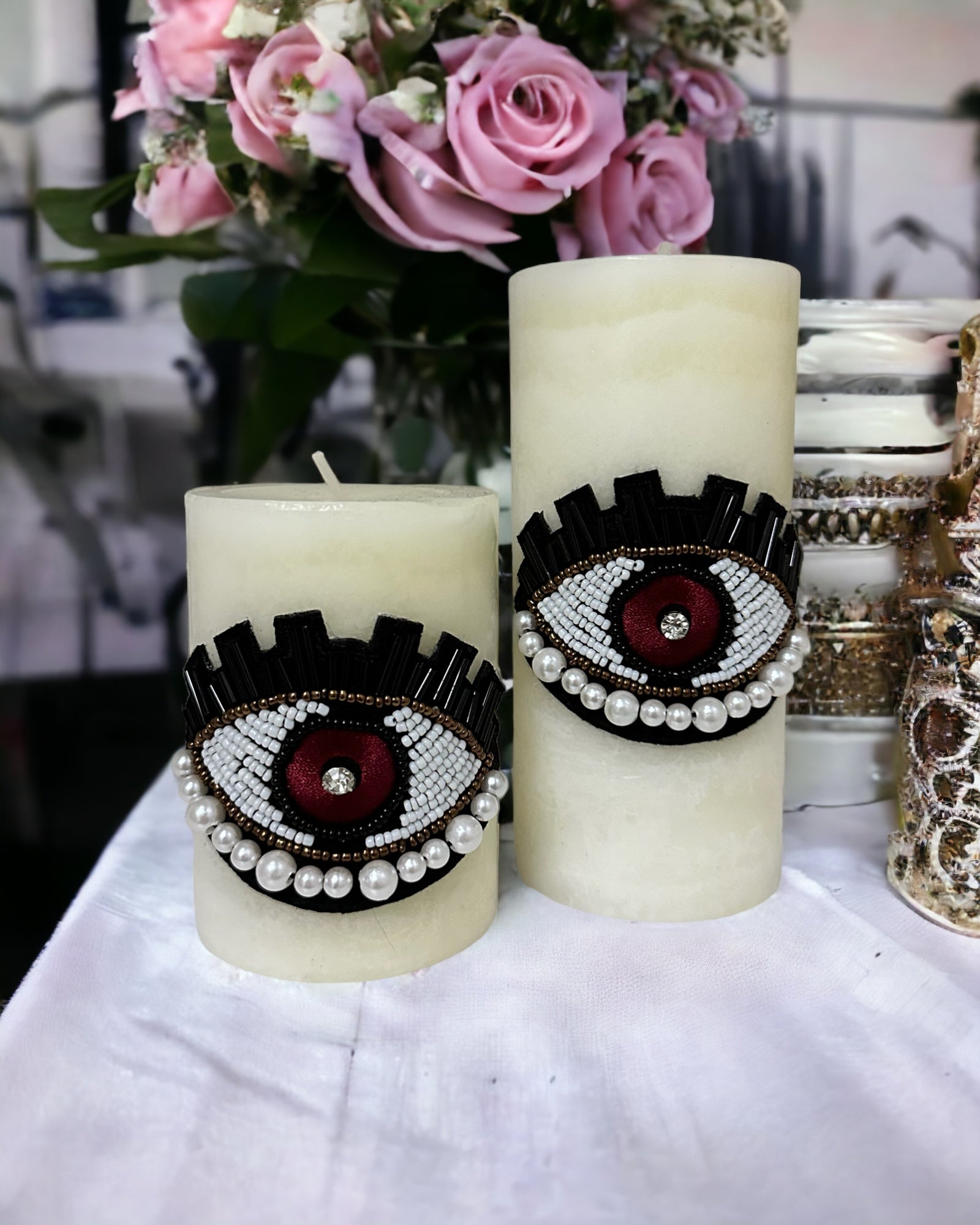 Set of 2 White Evil Eye candles