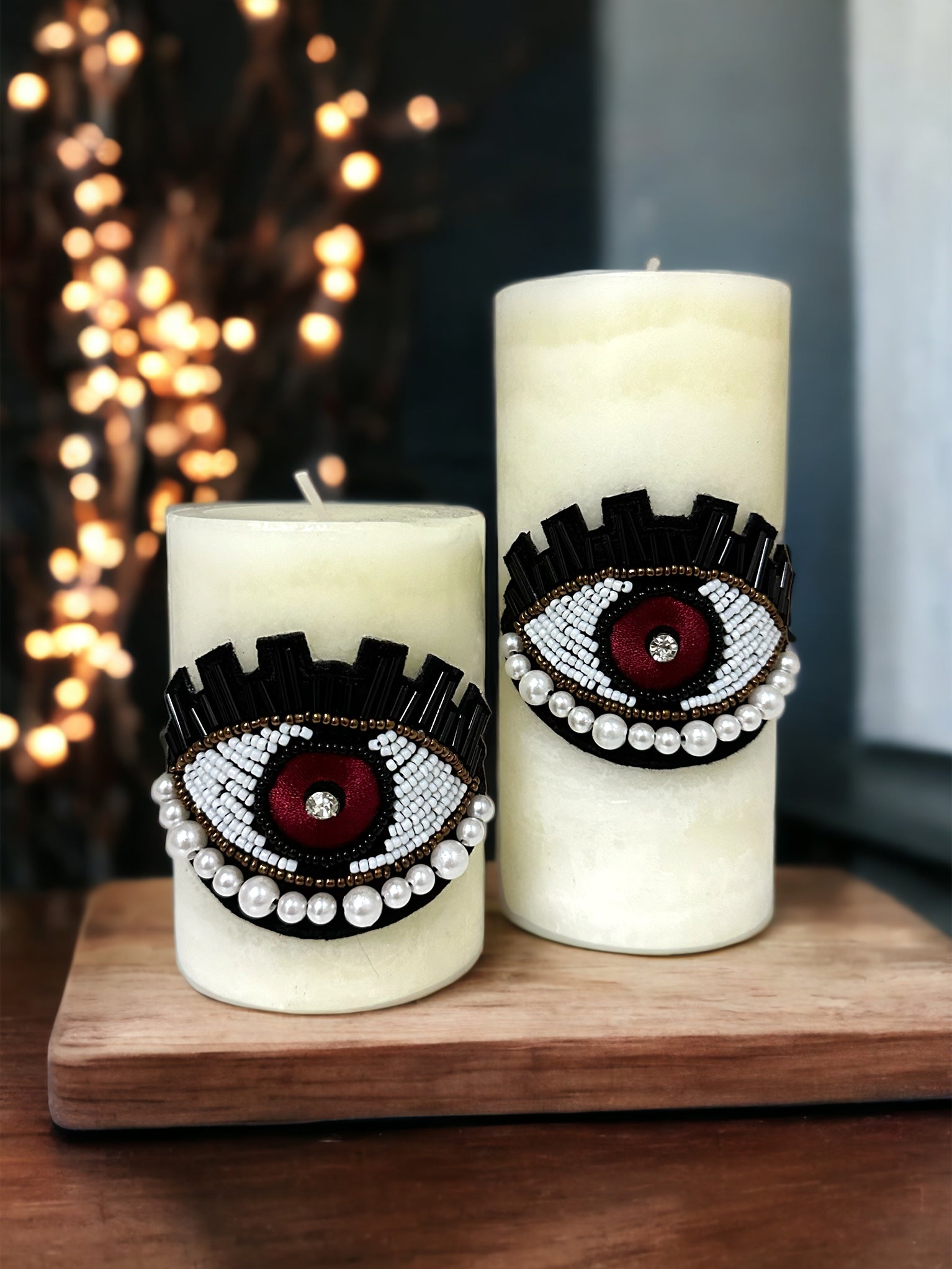 White Candles on Pearl Evil Eye