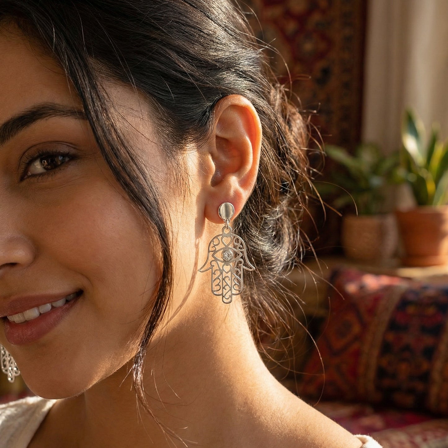 Hamsa Drop Earrings | Silver